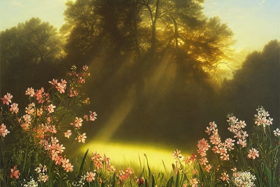 Forest sunrise illuminates vibrant flower meadow