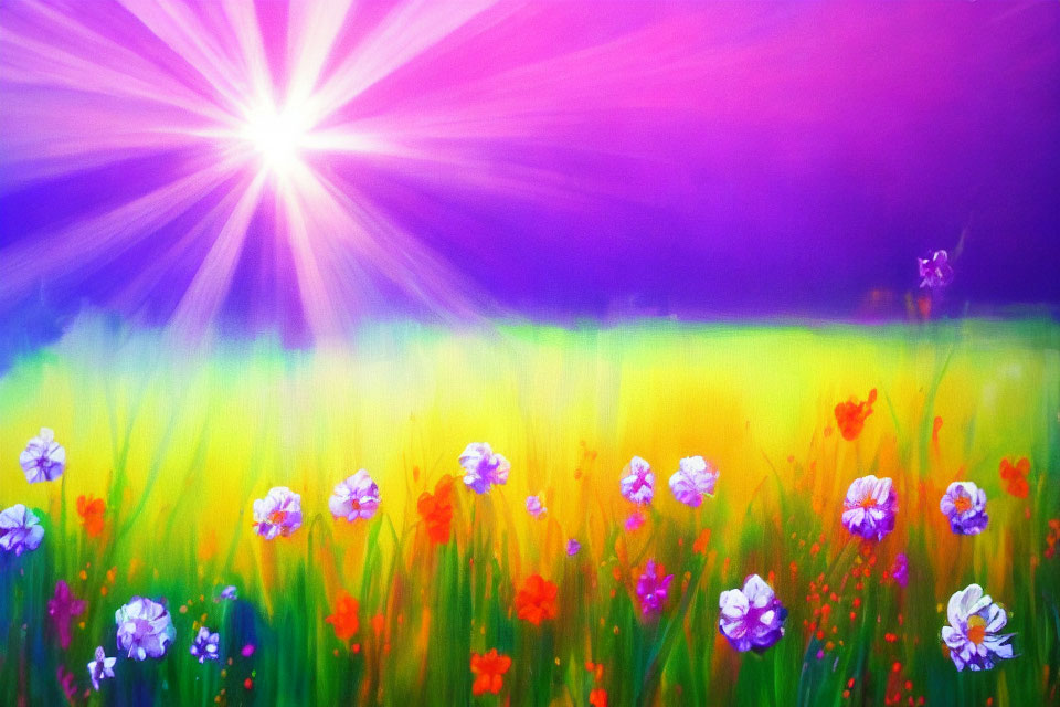 Colorful Field of Flowers at Sunrise with Purple and Blue Hues