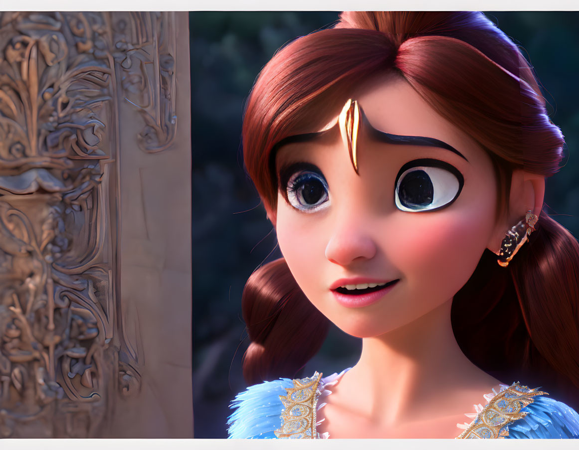 Brown-haired animated female character with expressive eyes near intricately carved door