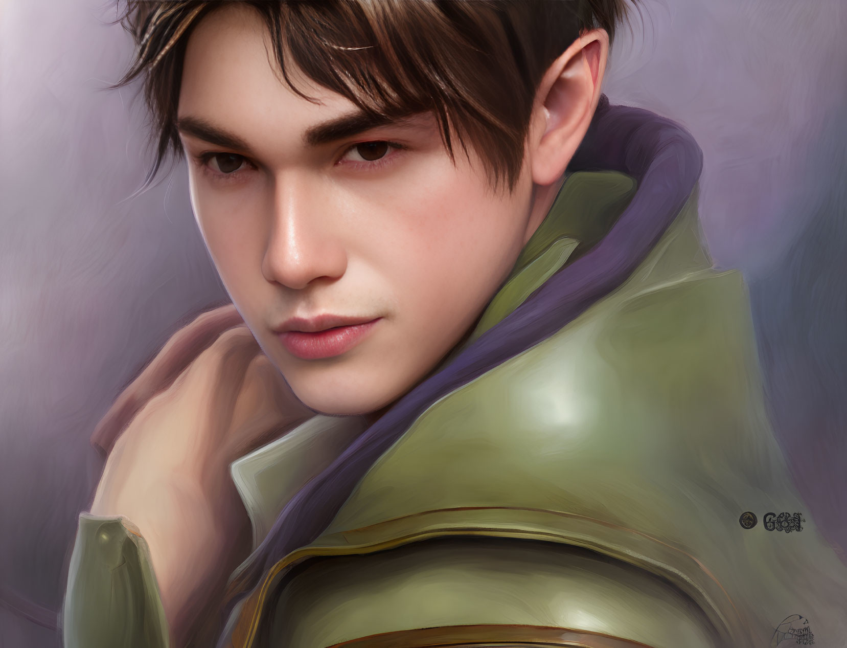 Serious young man in green armor and purple cloak on soft purple background