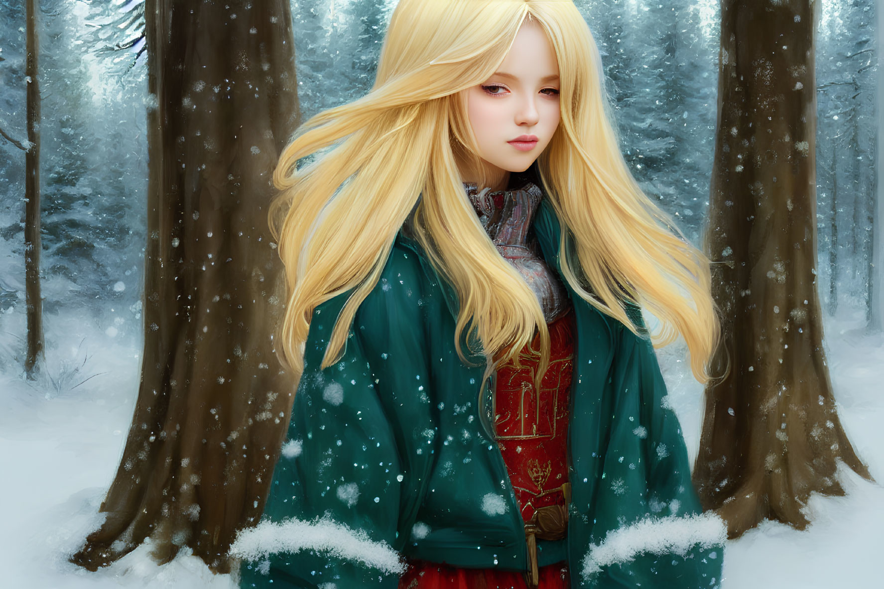 Blonde woman in green coat contemplating in snowy forest