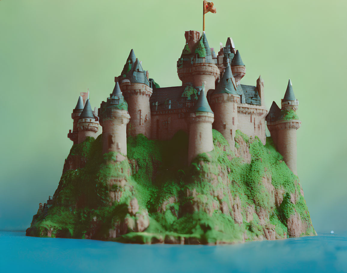 Castle with Multiple Spires on Green Cliff Overlooking Blue Water