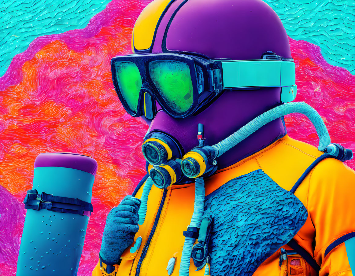 Vibrant Diver in Colorful Gear on Textured Pink and Blue Background