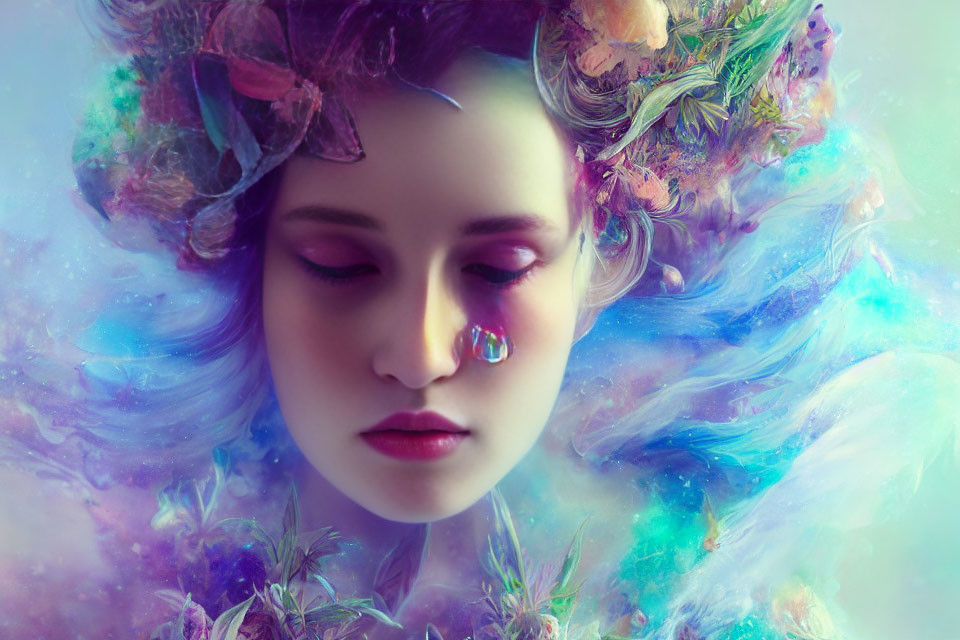 Surreal portrait of a woman with closed eyes and floral headpiece in swirling pastel colors