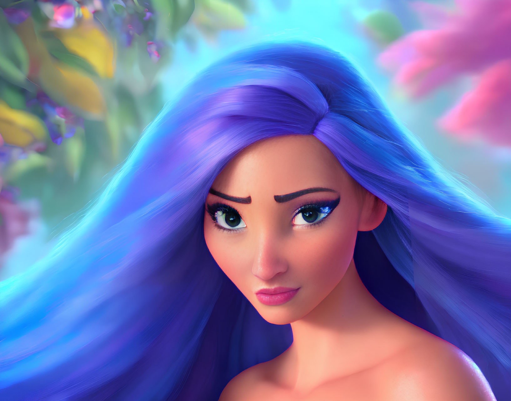 Vibrant Purple Hair and Deep Blue Eyes on Animated Female Character