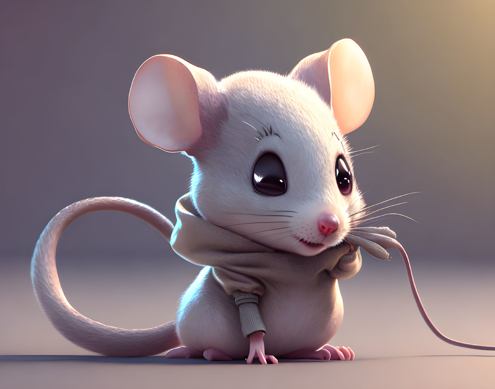 Stylized cartoon mouse with big eyes and scarf smiling