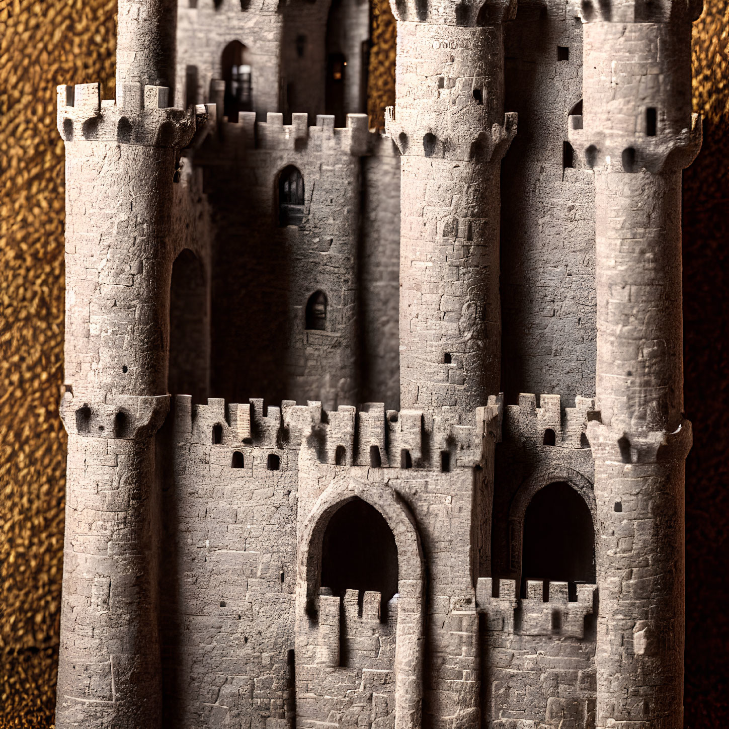 Detailed miniature stone castle model with multiple towers and tiny windows against textured gold backdrop