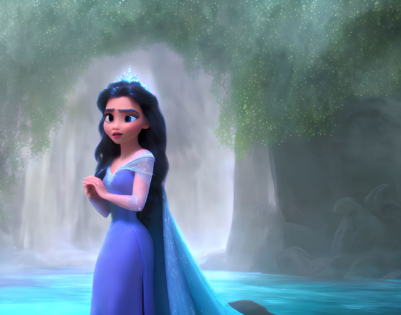 Dark-haired princess in blue gown near misty waterfall with glowing lights