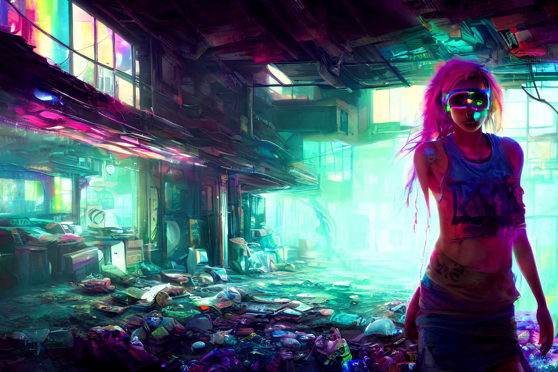 Pink-haired woman in neon-lit futuristic alleyway with graffiti