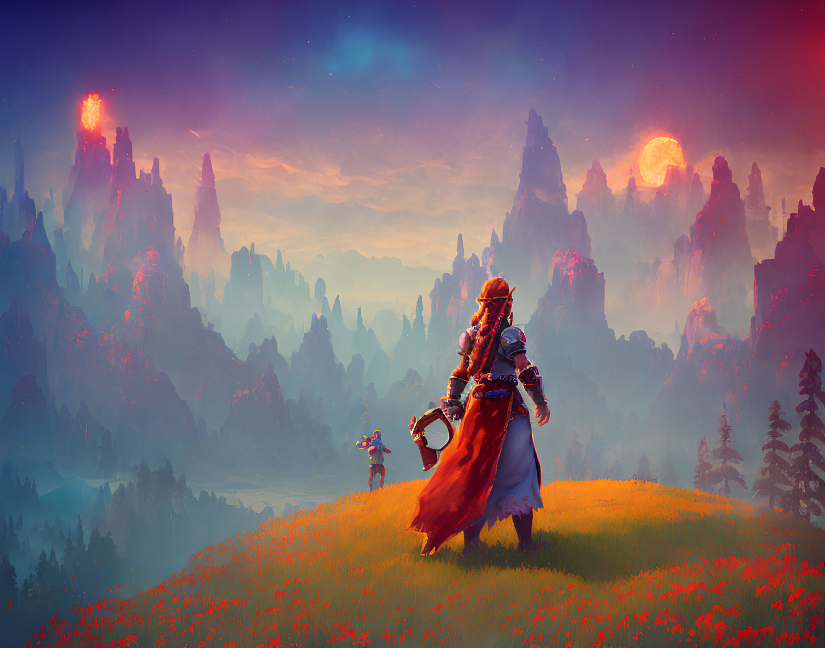 Mystical landscape with lone figure in red cape and vibrant field