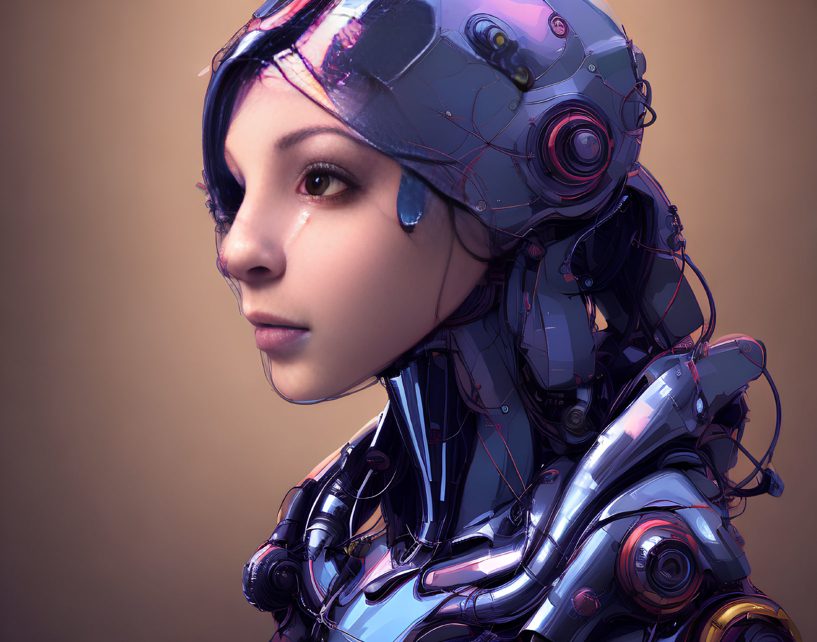 Detailed Female Android Artwork with Mechanical Structure on Warm Background