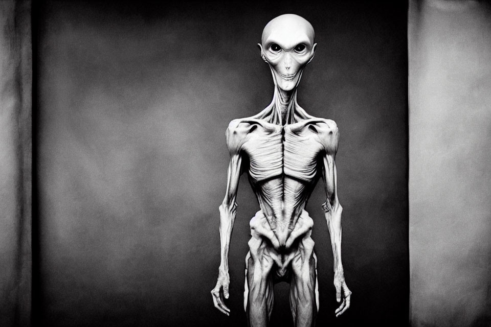 Monochrome alien figure with large head and eyes on plain background