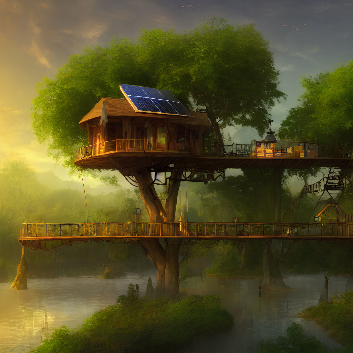 Treehouse with Solar Panels Overlooking Misty River at Sunrise