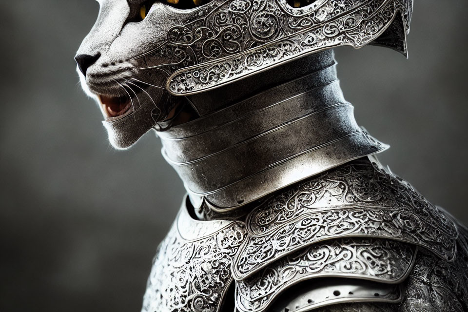 Digital artwork of a cat in silver armor with medieval knight patterns