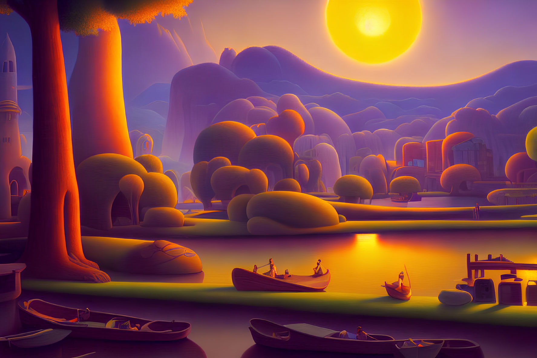 Serene sunset landscape with rounded trees, calm water, boats, hills, oversized sun, purple and