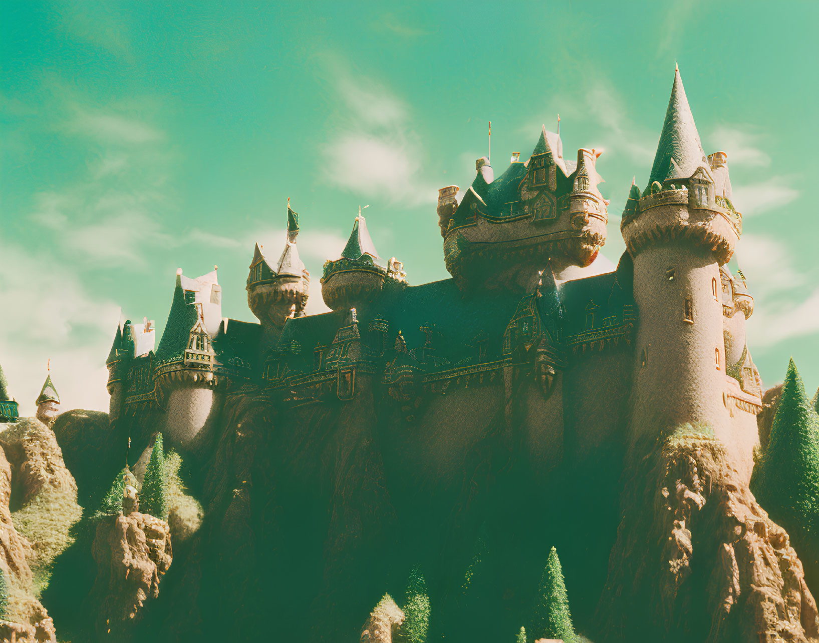 Medieval castle with spires and towers in lush greenery