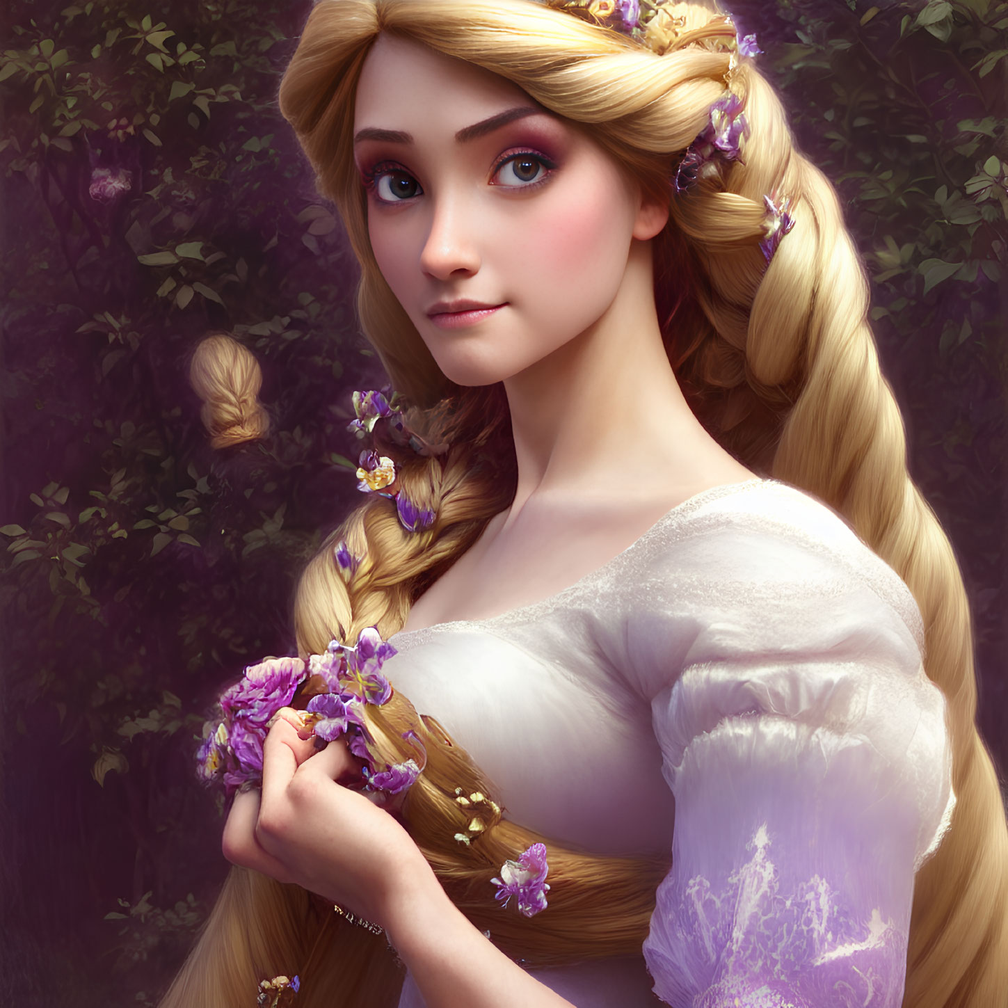 Blonde woman with braided hair and flowers in fairytale setting