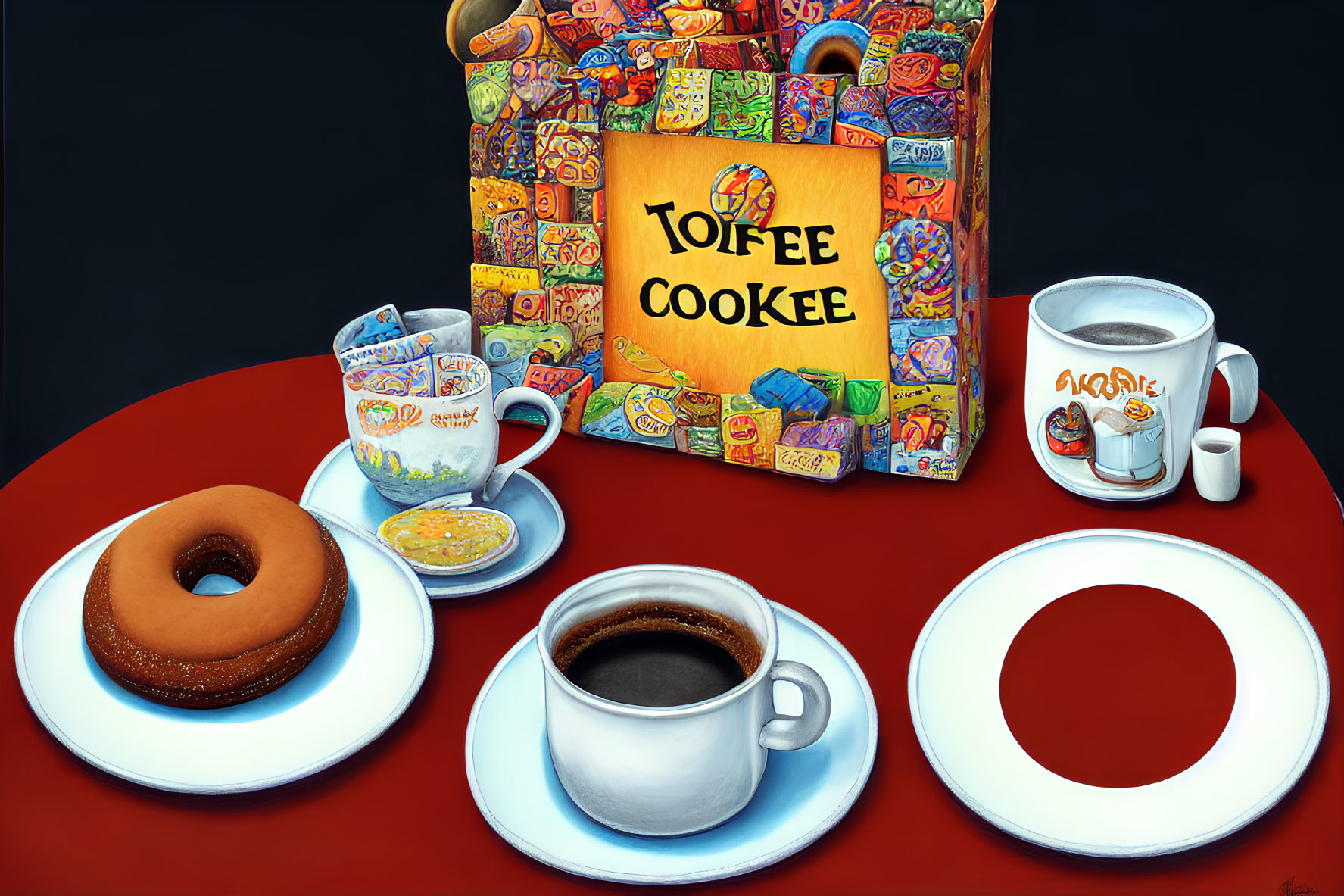 Colorful Still Life with Donut, Coffee, Plates, and Toffee Cookie Package