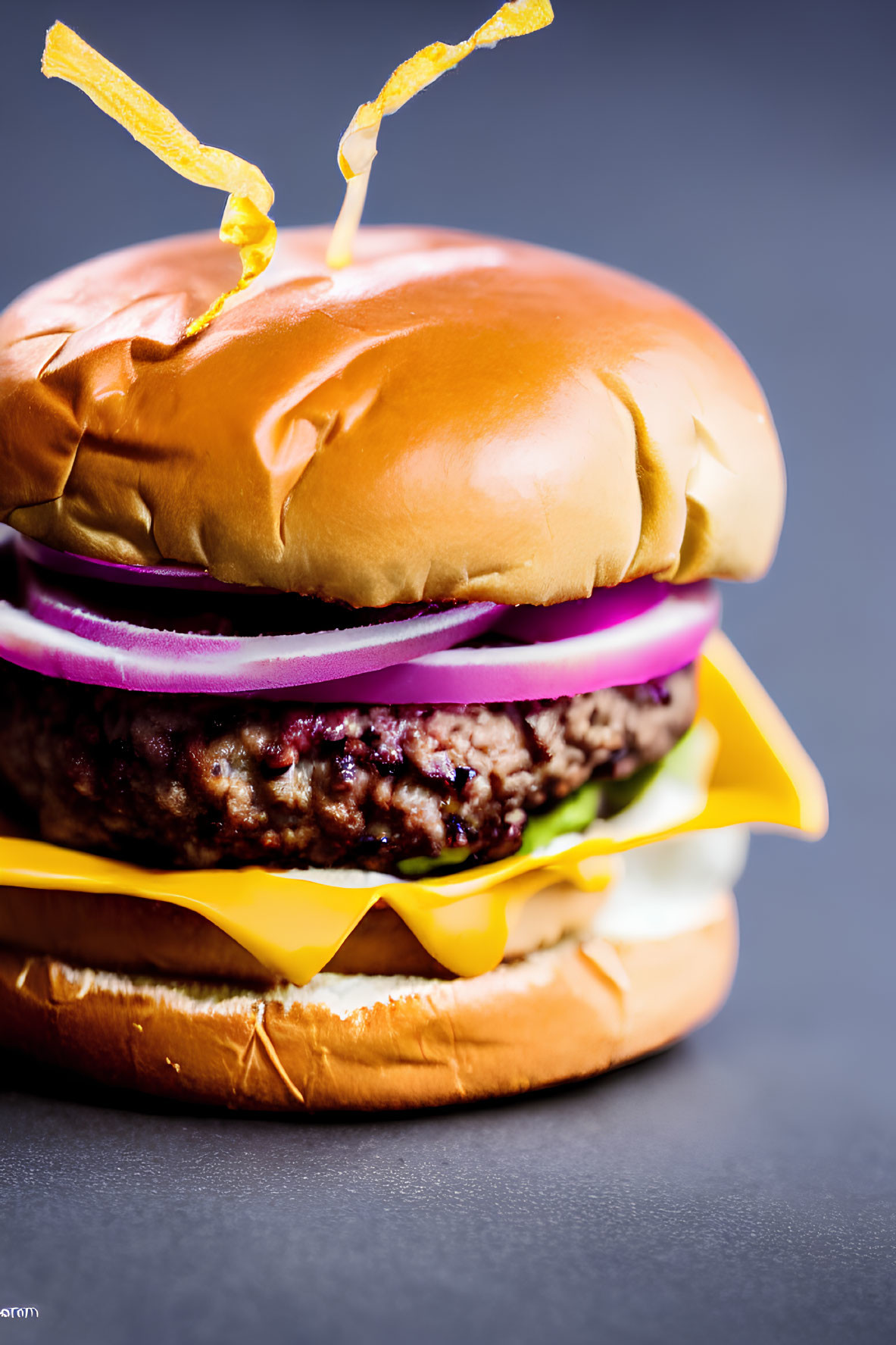 Classic Cheeseburger with Beef Patty, Lettuce, Cheese, Onions, and Lemon Zest