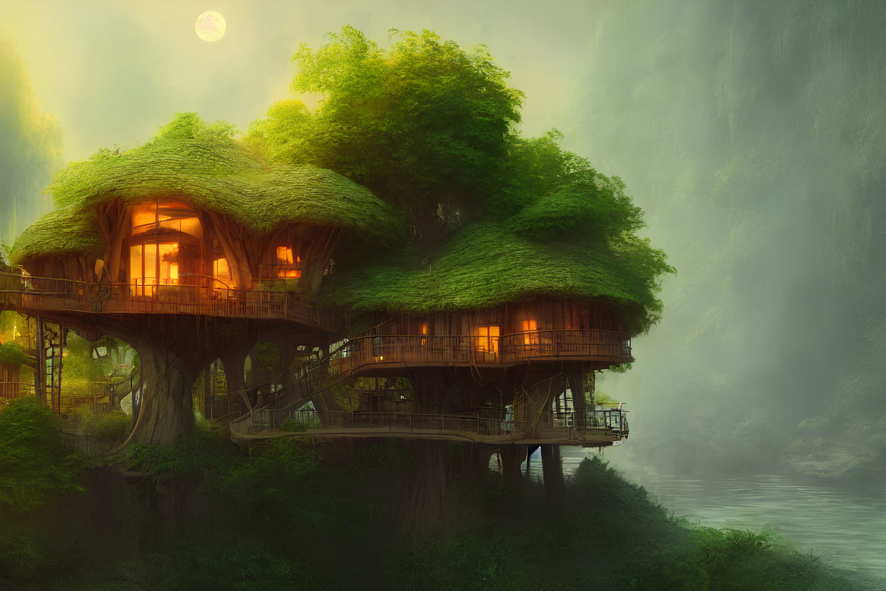 Cozy treehouse with warm lights in misty, verdant landscape