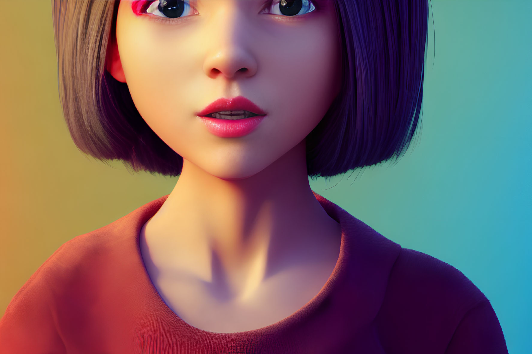 Stylized young female character with bob haircut and prominent eyes on colorful background