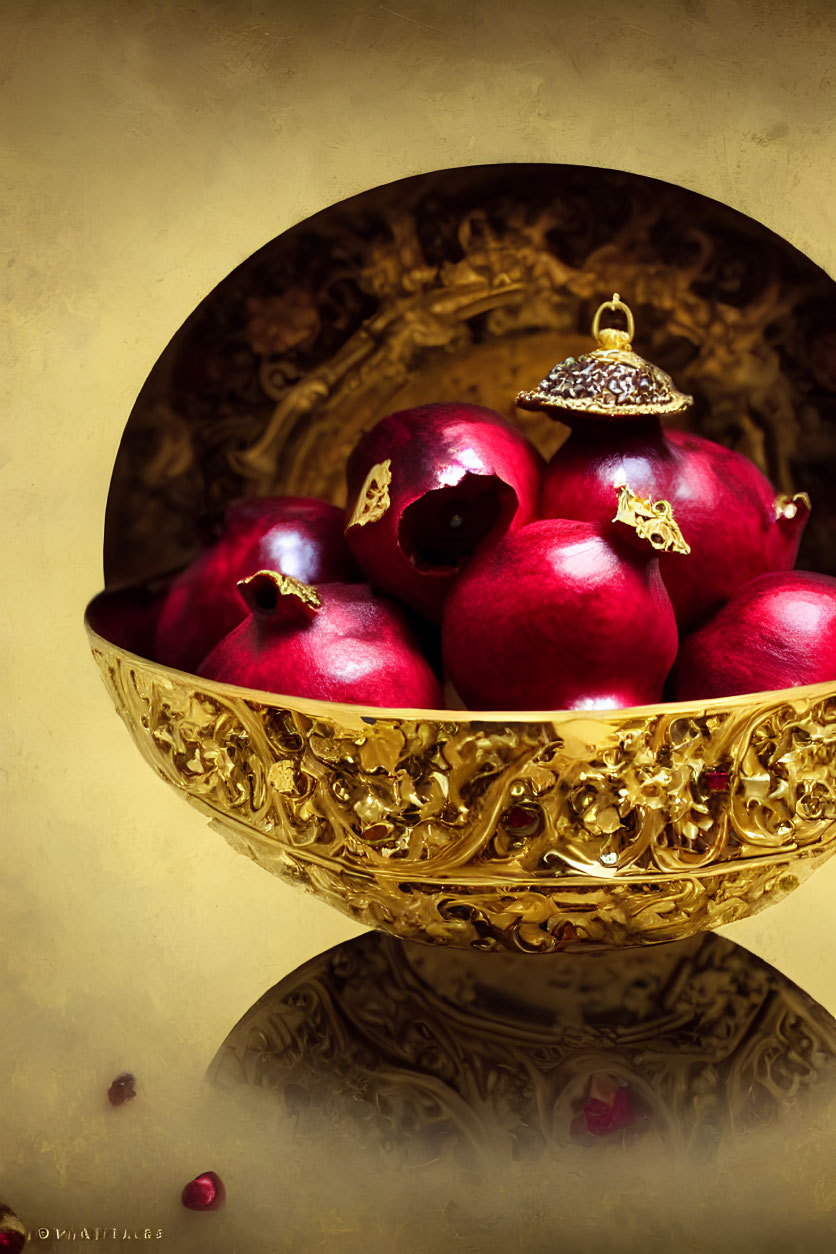 Intricately designed golden bowl with red pomegranates and jeweled ornaments on golden backdrop