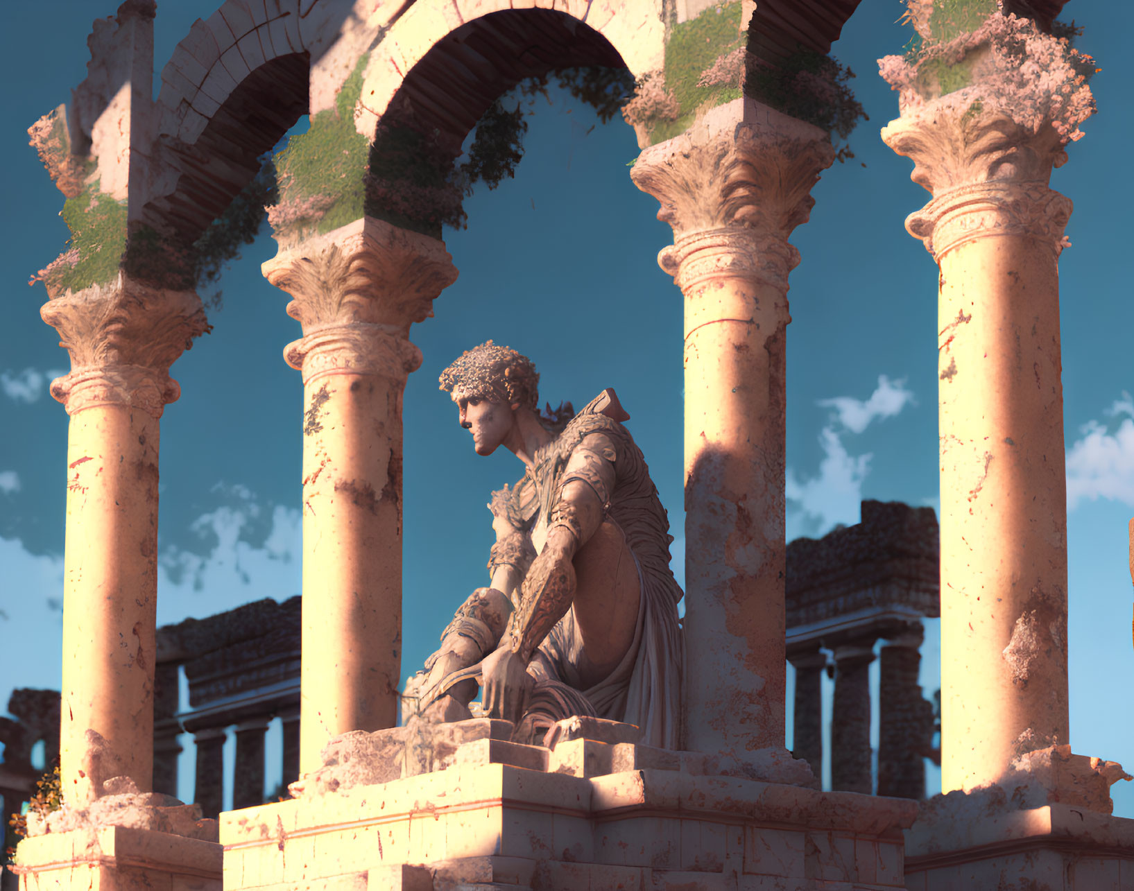 Ancient ruins featuring Corinthian columns and warrior statue under clear blue sky