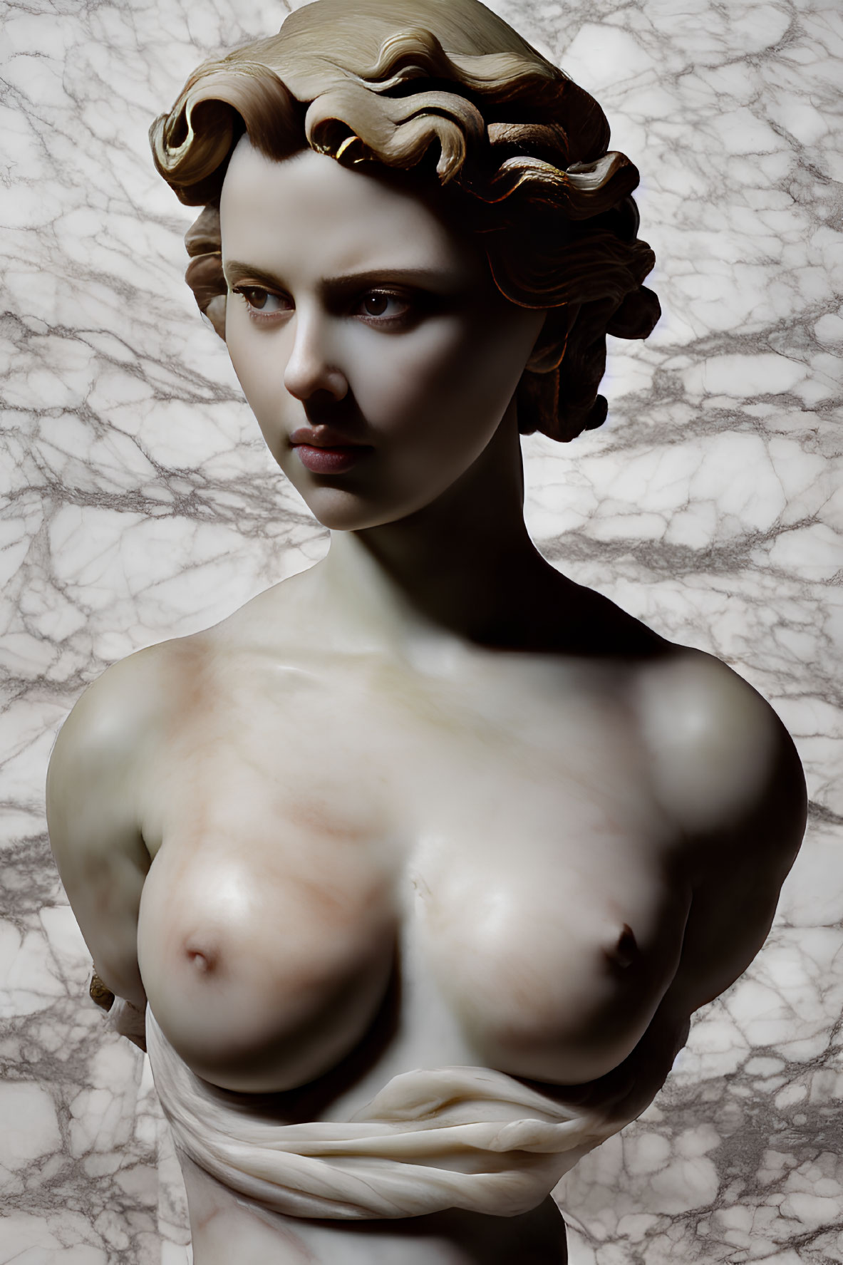 Hyperrealistic female bust against marbled background - digital art.