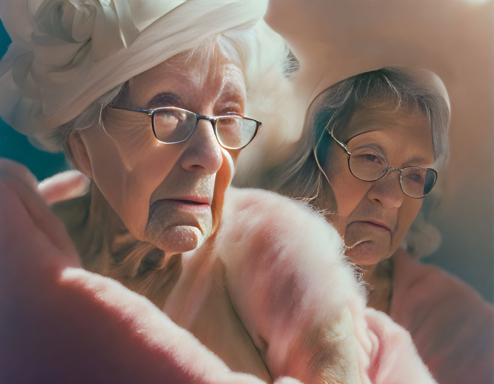 Elderly women in glasses with hat and fur collar in soft lighting