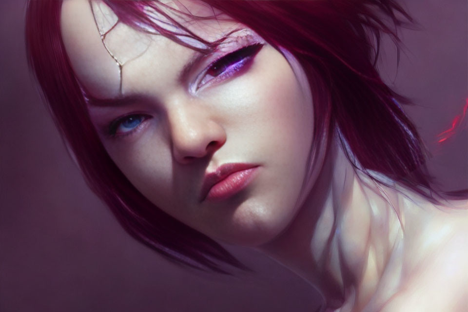 Digital Artwork: Person with Red Hair and Purple Eye Makeup in Fantasy/Sci-Fi Theme