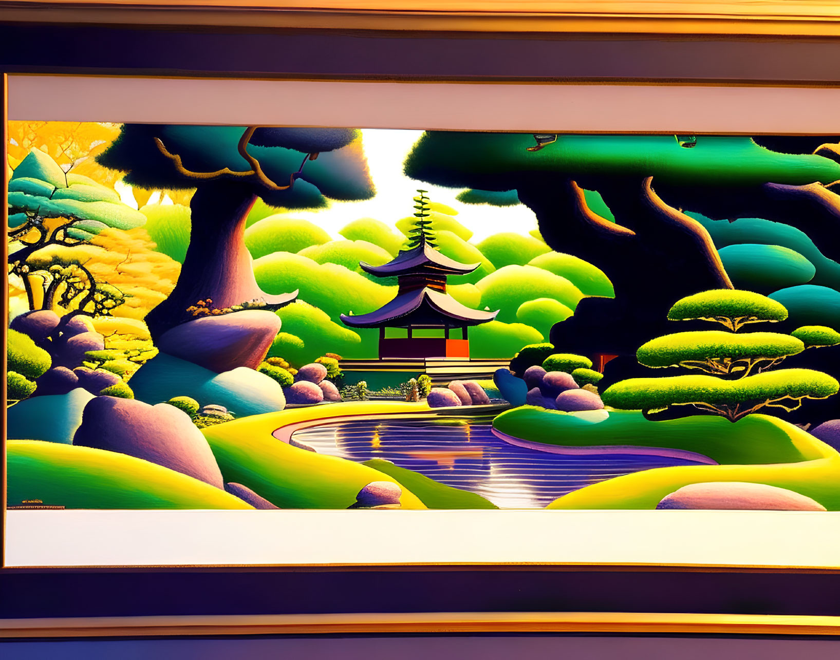 Colorful Stylized Landscape with Japanese Pagoda and Curvy Trees