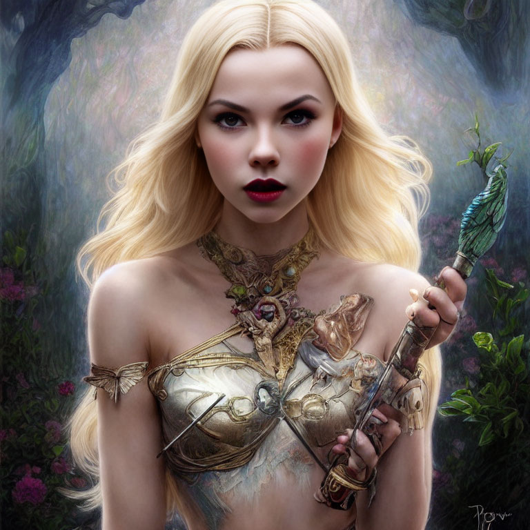 Digital portrait of a warrior woman with platinum blonde hair and ornate armor.