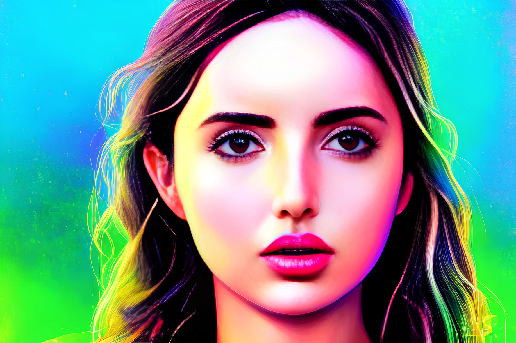 Colorful Digital Portrait of Woman with Intense Eyes and Neon Lighting