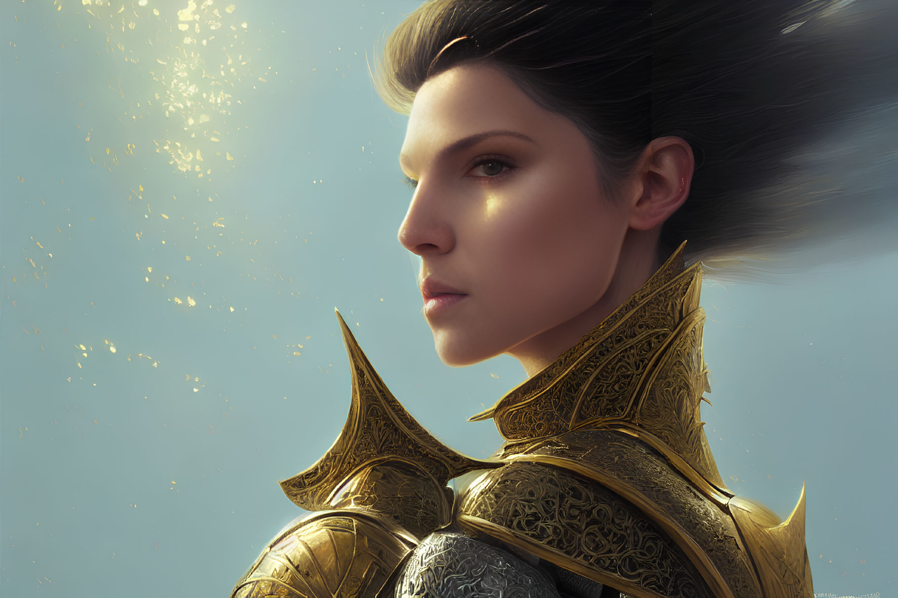 Female warrior digital artwork with ornate golden armor and fierce gaze against soft background