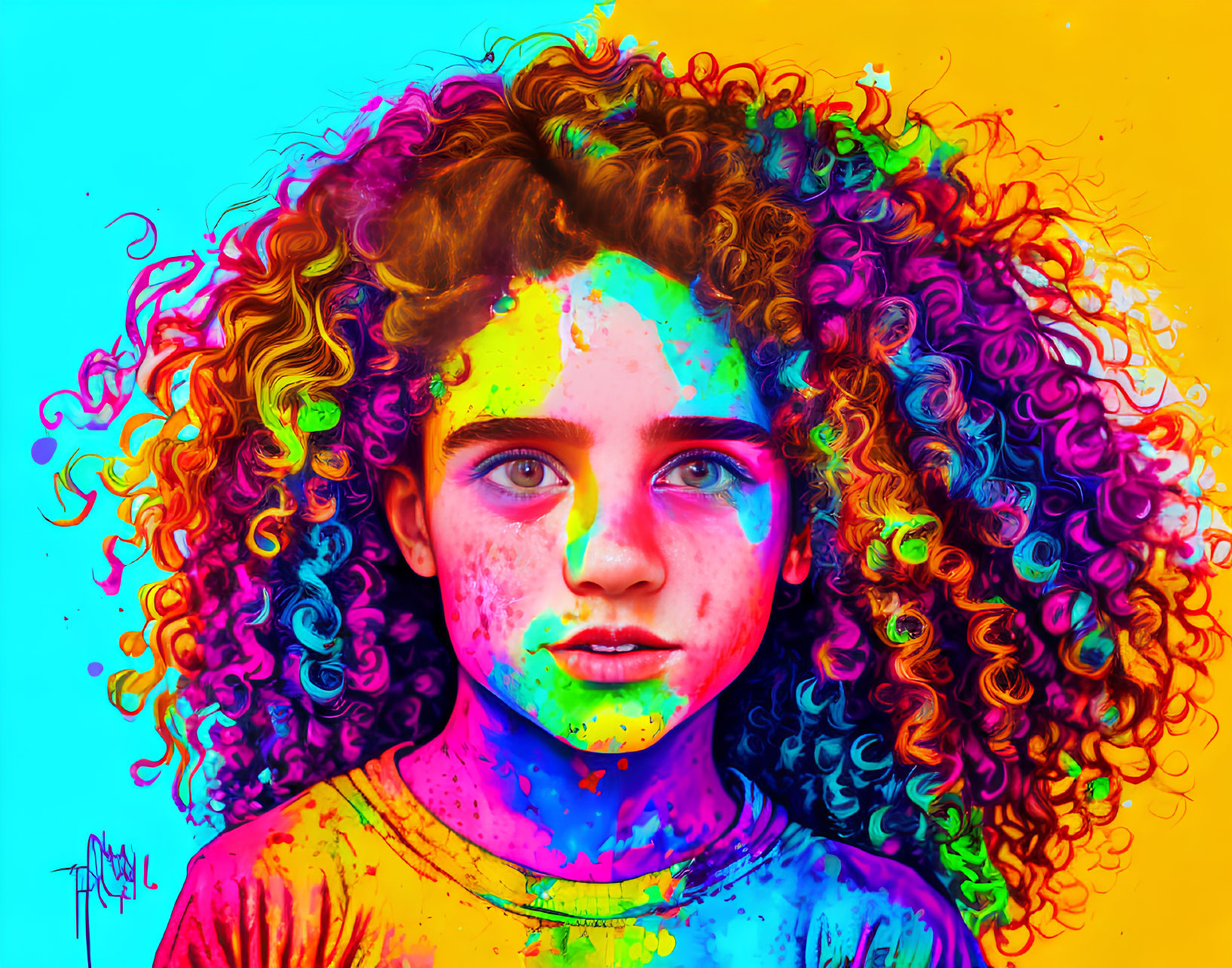 Colorful digital artwork: Young girl with curly hair in vibrant hues on yellow and blue background