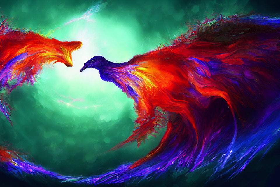 Vibrant red and blue phoenix-like creatures on green and black background