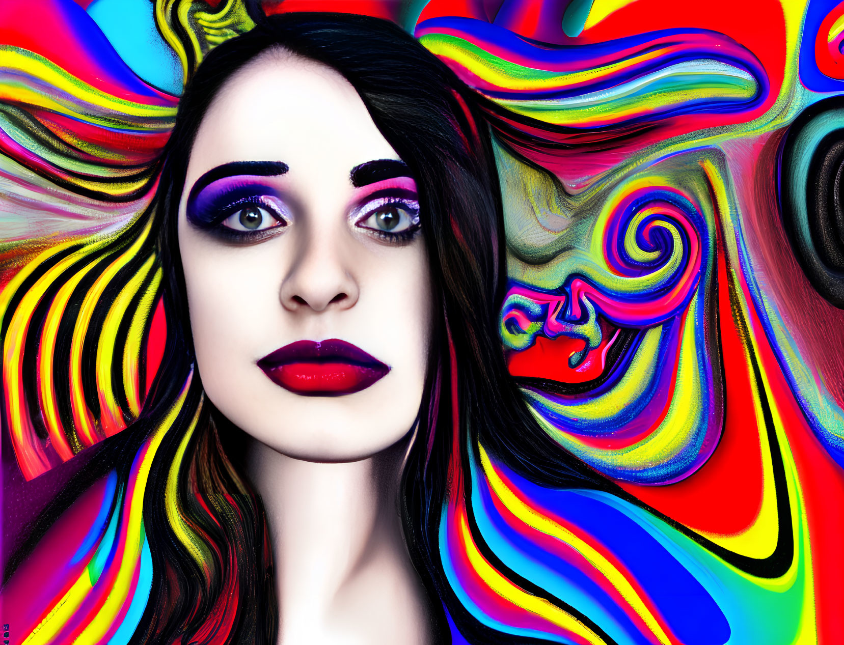 Colorful swirl pattern backdrop with woman in striking makeup