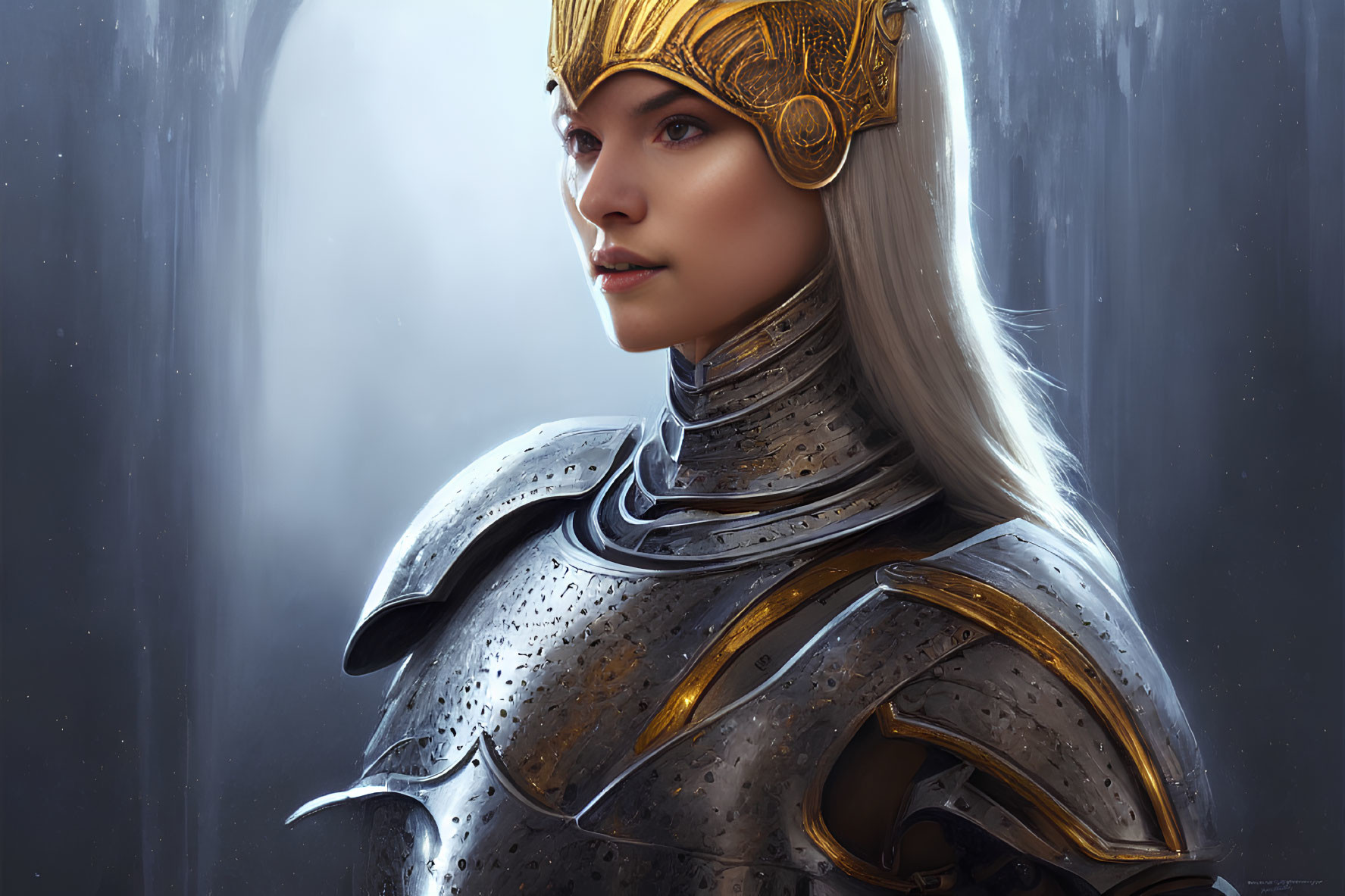 Female knight in silver armor with golden crown helmet: Elegant and determined