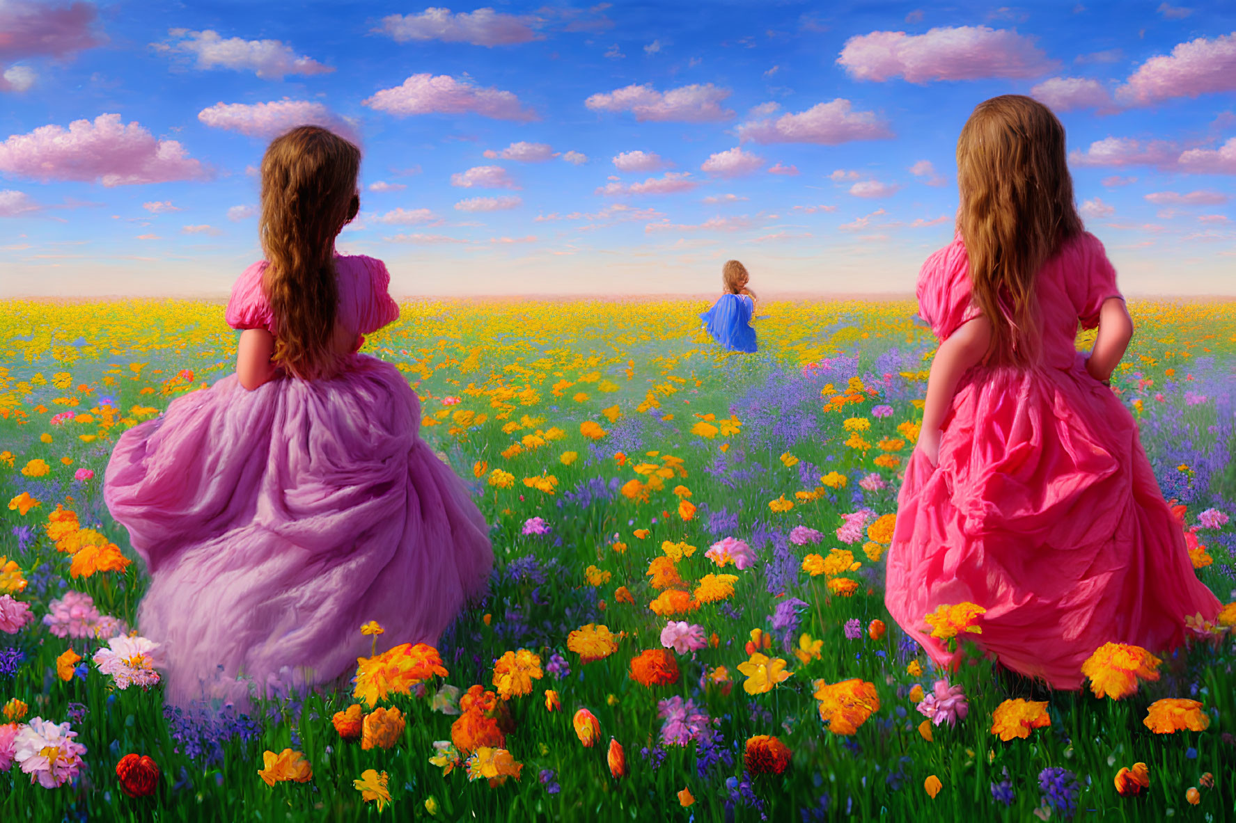 Two girls in pink dresses in flower field with child in blue running.