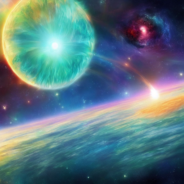 Colorful cosmic scene: green planet, bright star, nebulae, energy beam.