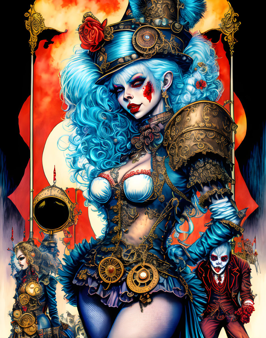 Detailed Steampunk Female Character with Blue Hair and Two Companions