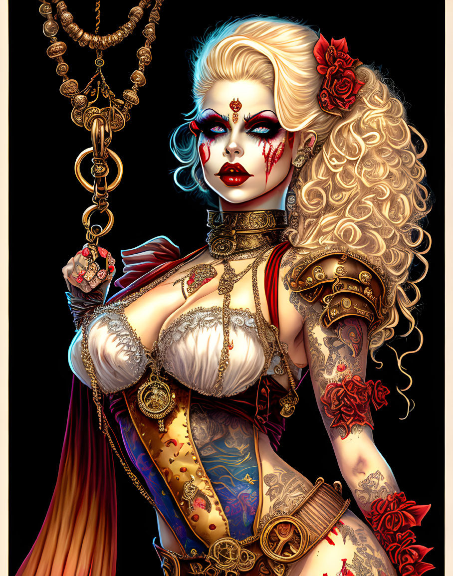 Illustrated female character with blonde hair, ornate red outfit, tattoos, and striking makeup