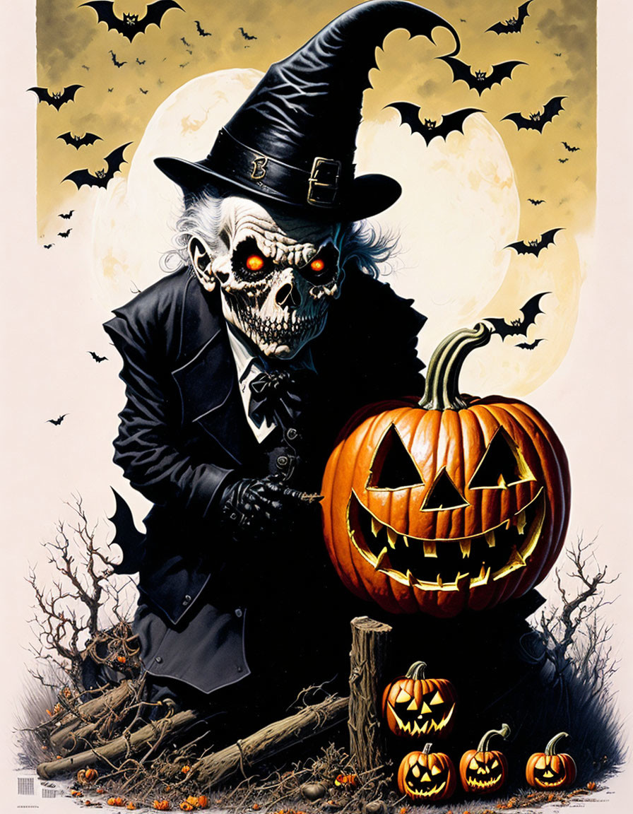 Skeletal figure with pumpkin head in black suit and hat, surrounded by bats and pumpkins under full