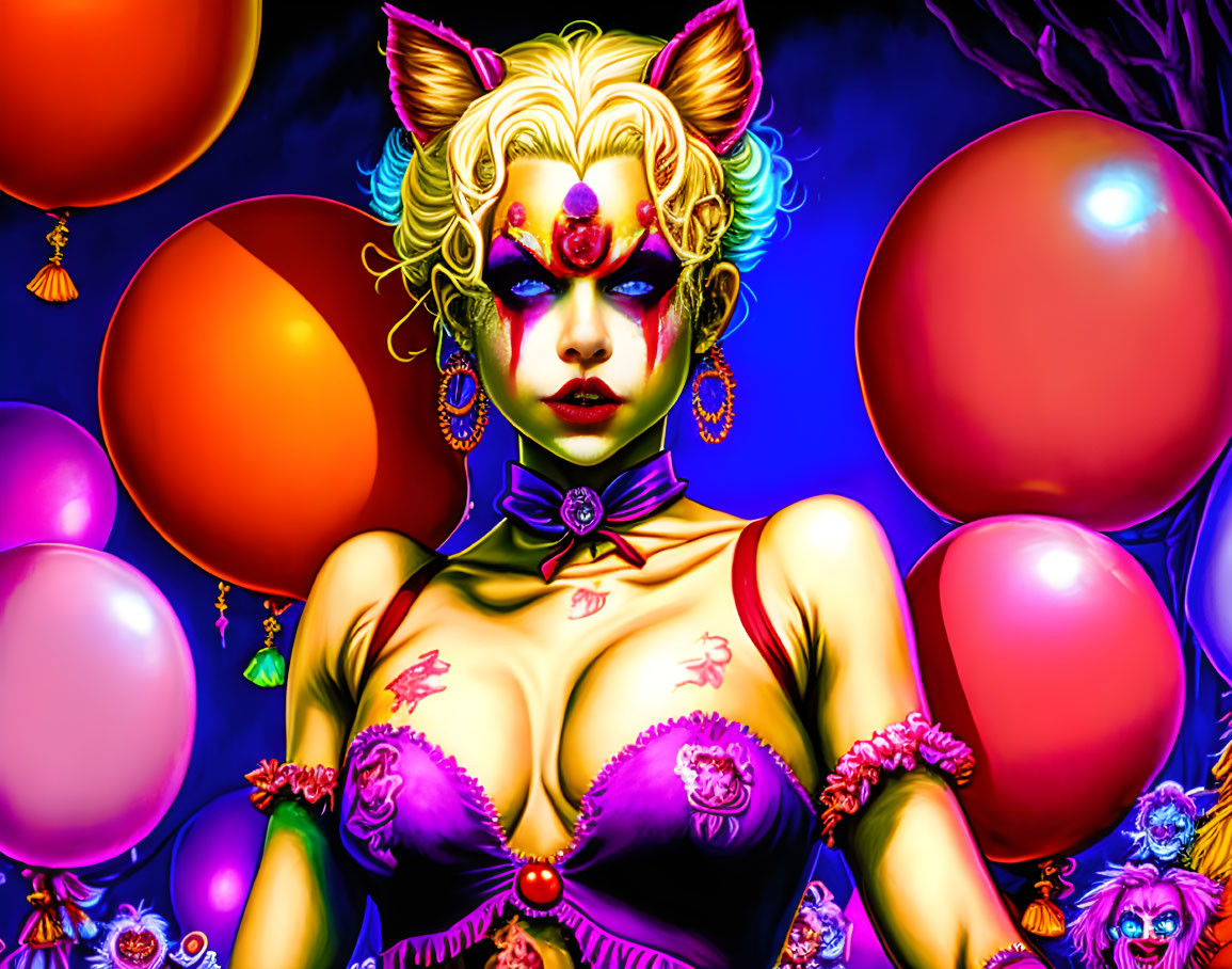 Colorful Artwork of Woman with Cat-Like Features and Purple Attire