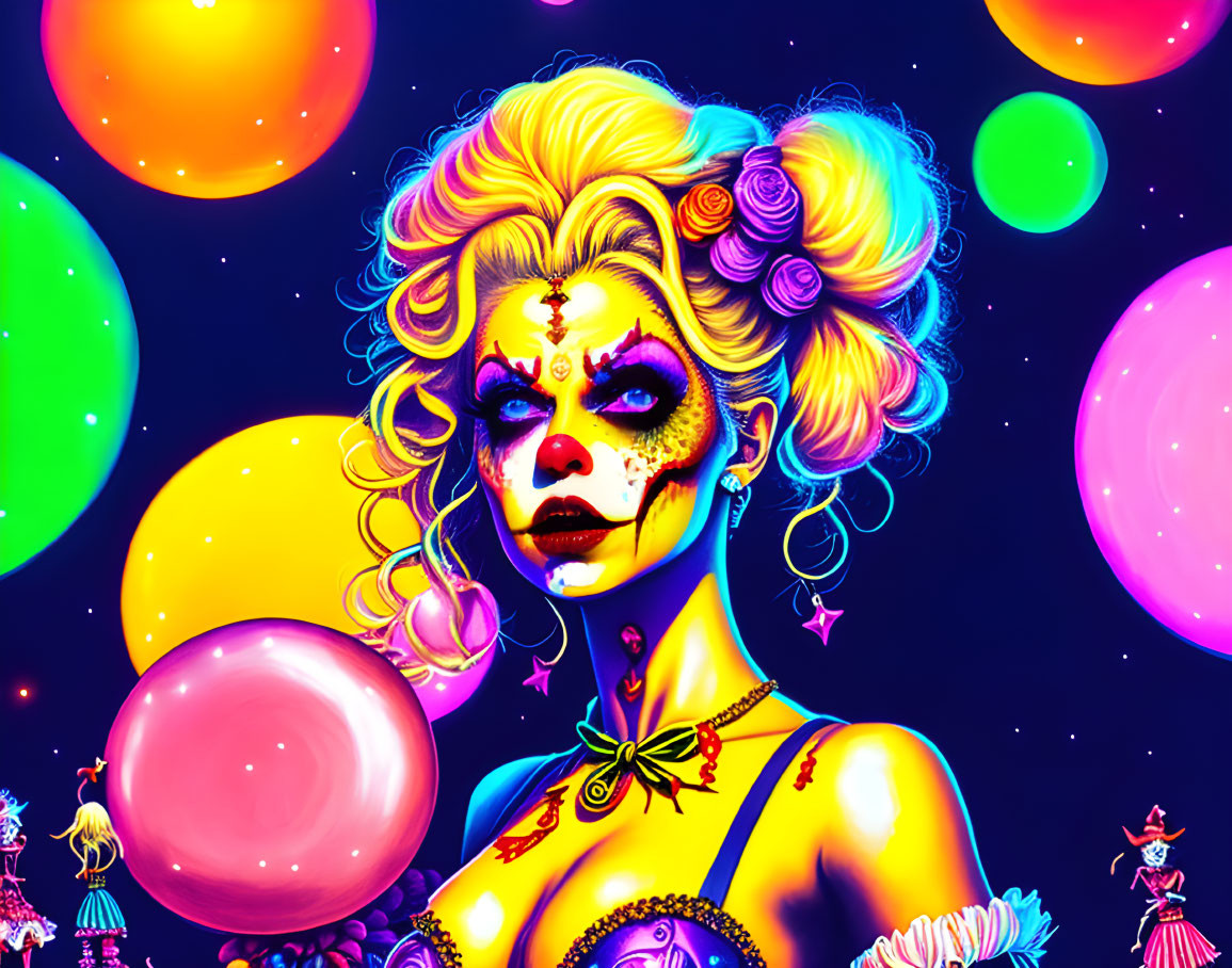 Colorful clown-themed artwork with woman, neon balloons, circus performers