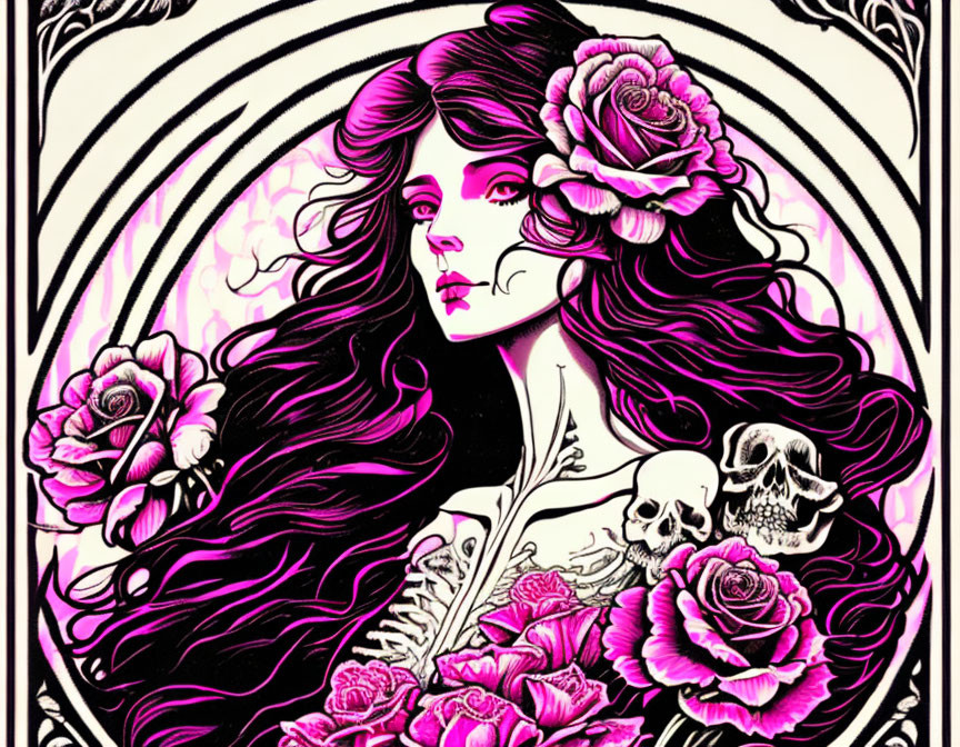 Woman surrounded by roses and skulls in black, pink, white color scheme