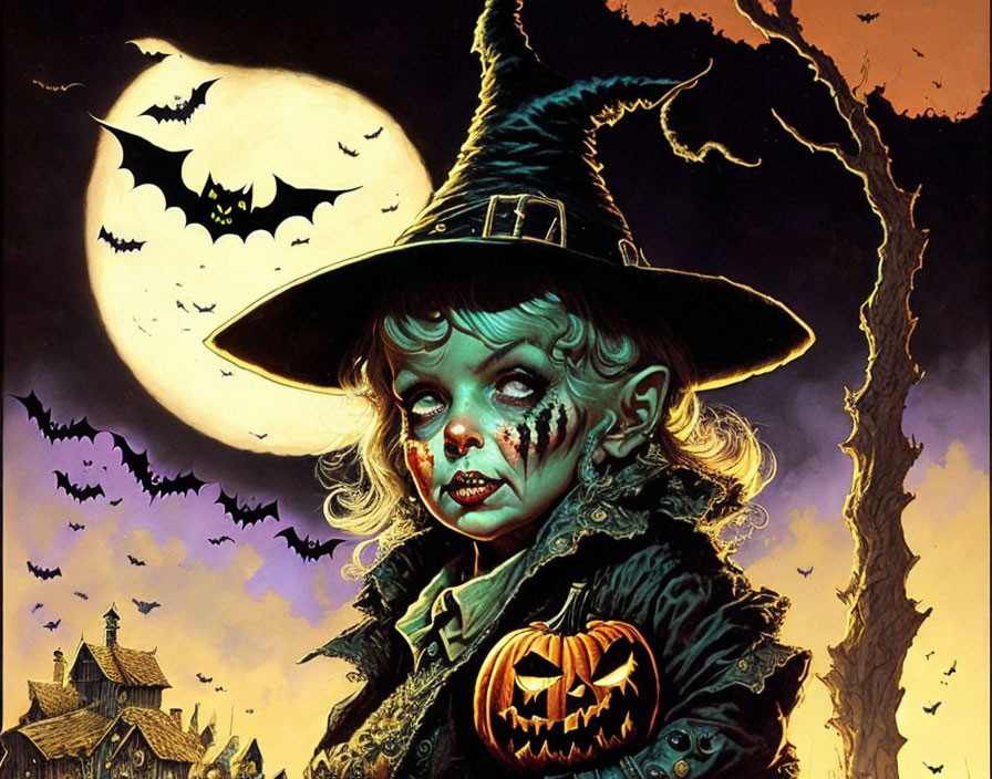 Child in witch costume with jack-o'-lantern in spooky Halloween scene