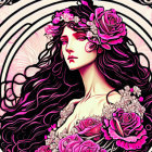 Woman surrounded by roses and skulls in black, pink, white color scheme
