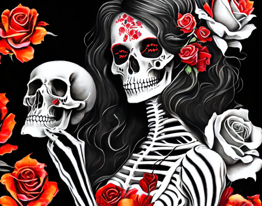 Colorful Skeleton Artwork with Floral Skull Design and Roses on Black Background