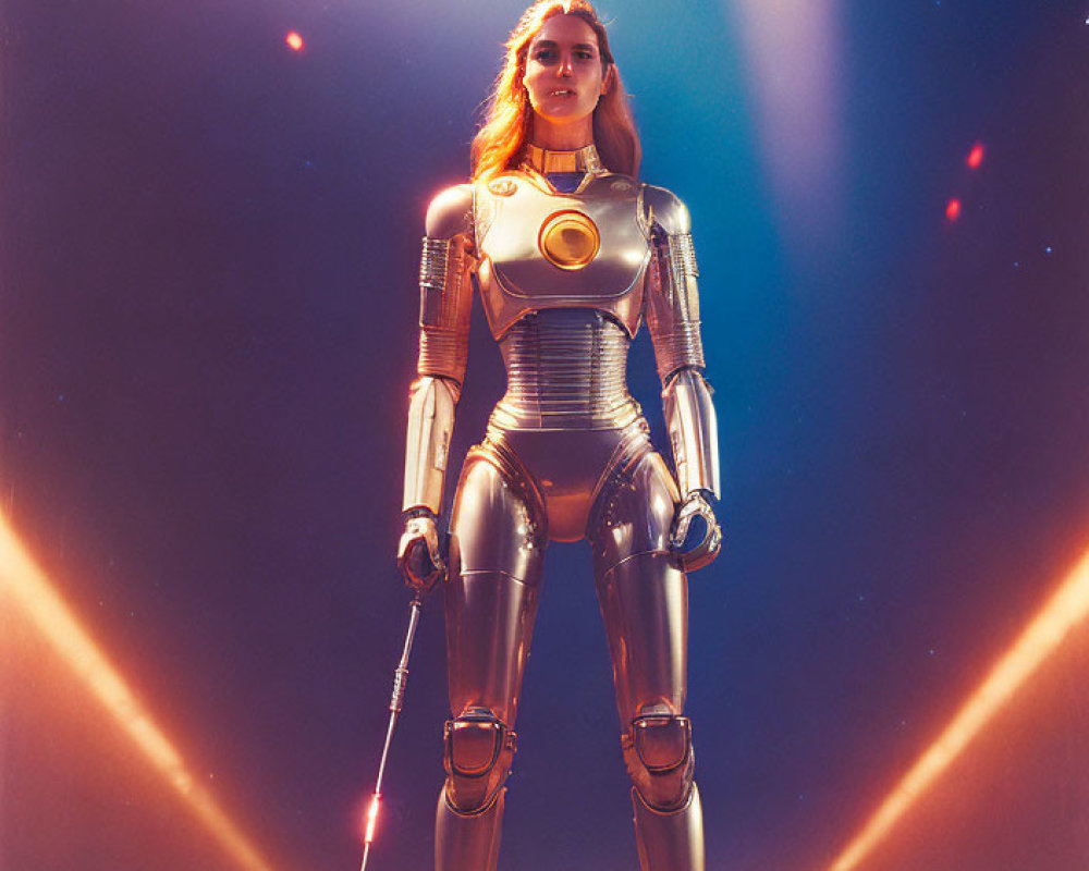 Futuristic gold suit wearer in dramatic lighting